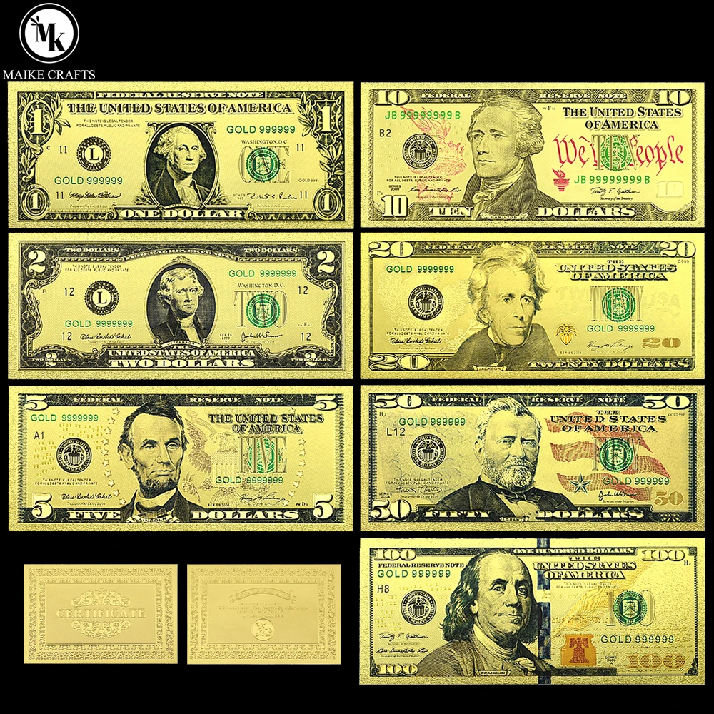 

US 1/2/5/10/20/50/100 US Dollar Gold Foil Banknote Plastic USD Money Crafts Collection Commemorative Gift