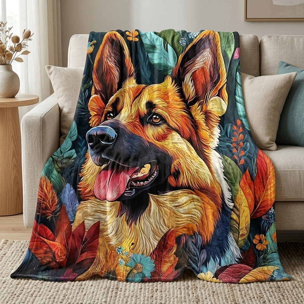 1PC Vibrant Autumn German Shepherd & Floral Thick Flannel Throw Blanket, Soft Warm Throw, Ideal Gift for Adults