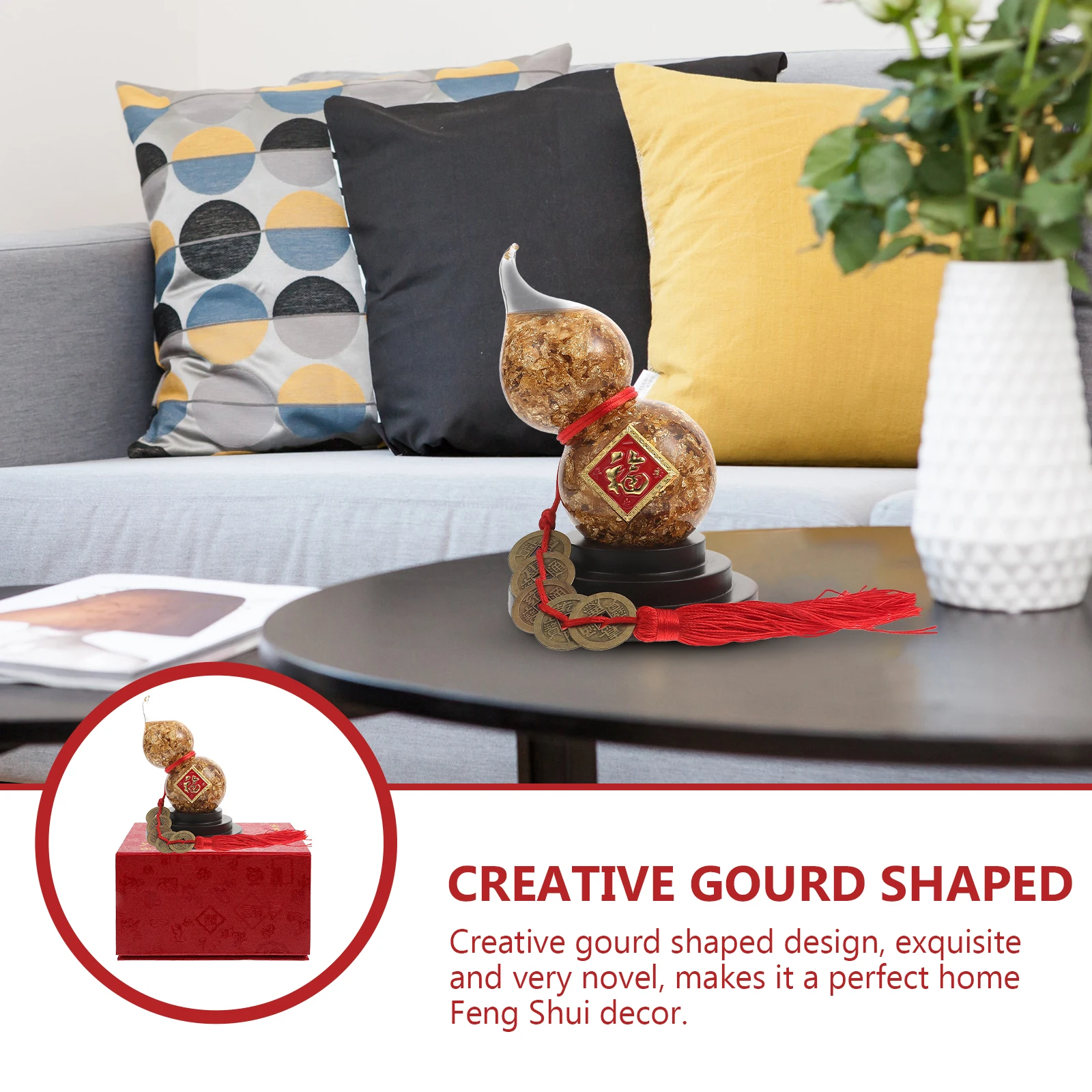 

1set Creative Feng Shui Gourd Ornament Home Decor Auspicious Desktop Statue Fortune Adornment Home Furnishing Miniature Model