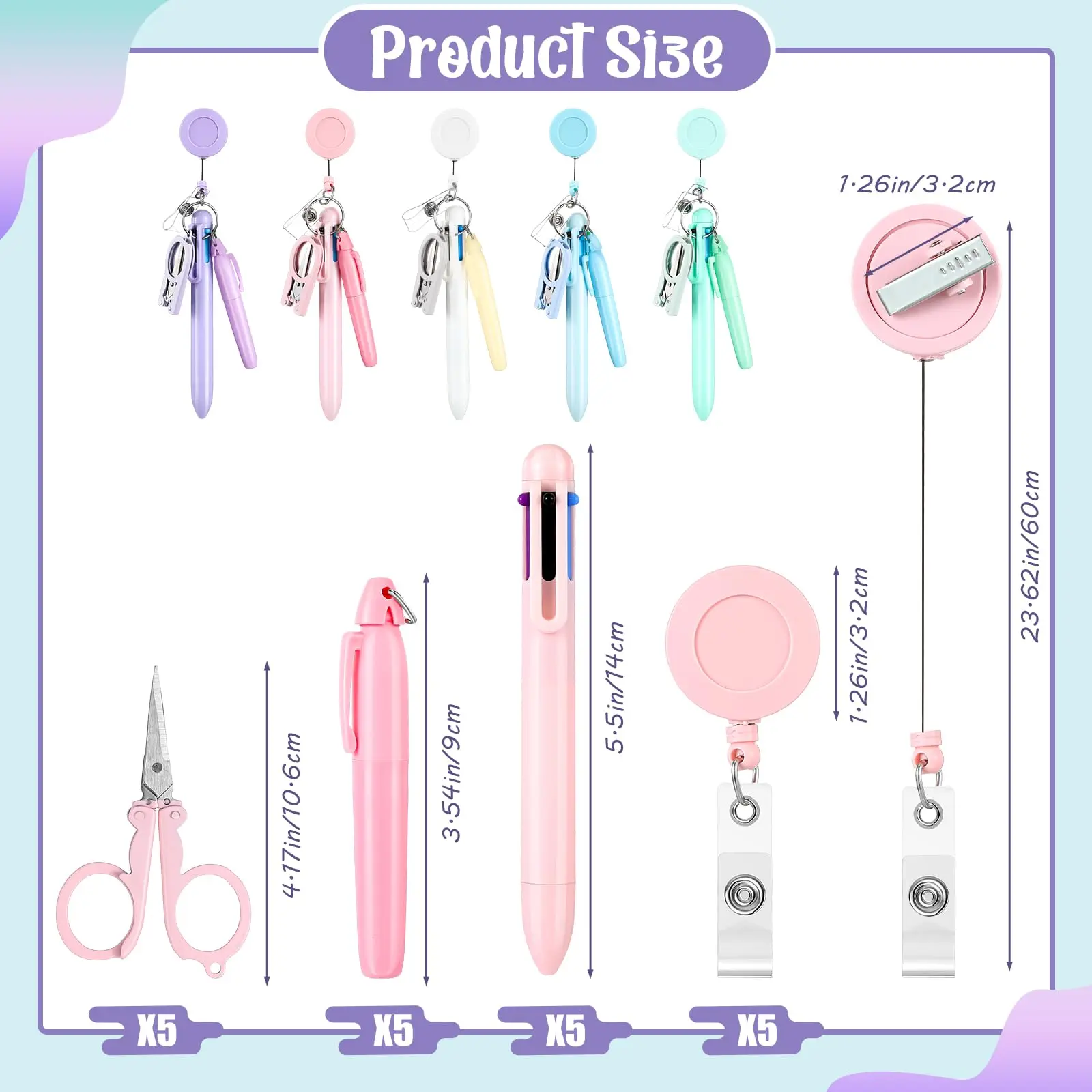 5 Pcs Nurse Pen Set Nurse Badge Accessories Mini Retractable Ball Pens Highlighter Badge Clip LED Keychain Folding Scissors