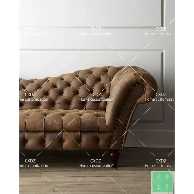 Neoclassical Three Seater Sofa High End Customization First Layer Pull Up Buckle Cowhide Leather Furniture for Living Room