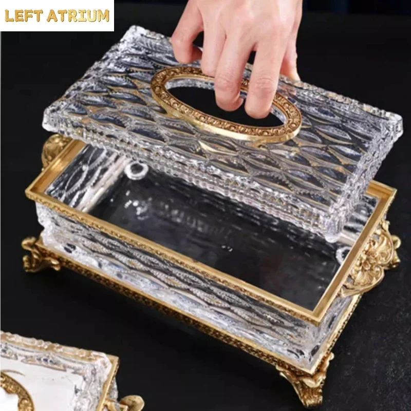 Crystal Glass Brass Tissue Box Premium Napkin Box Table Paper Boxes Ornament Storage Boxes Napkin Holder Tissue Organizer Crafts