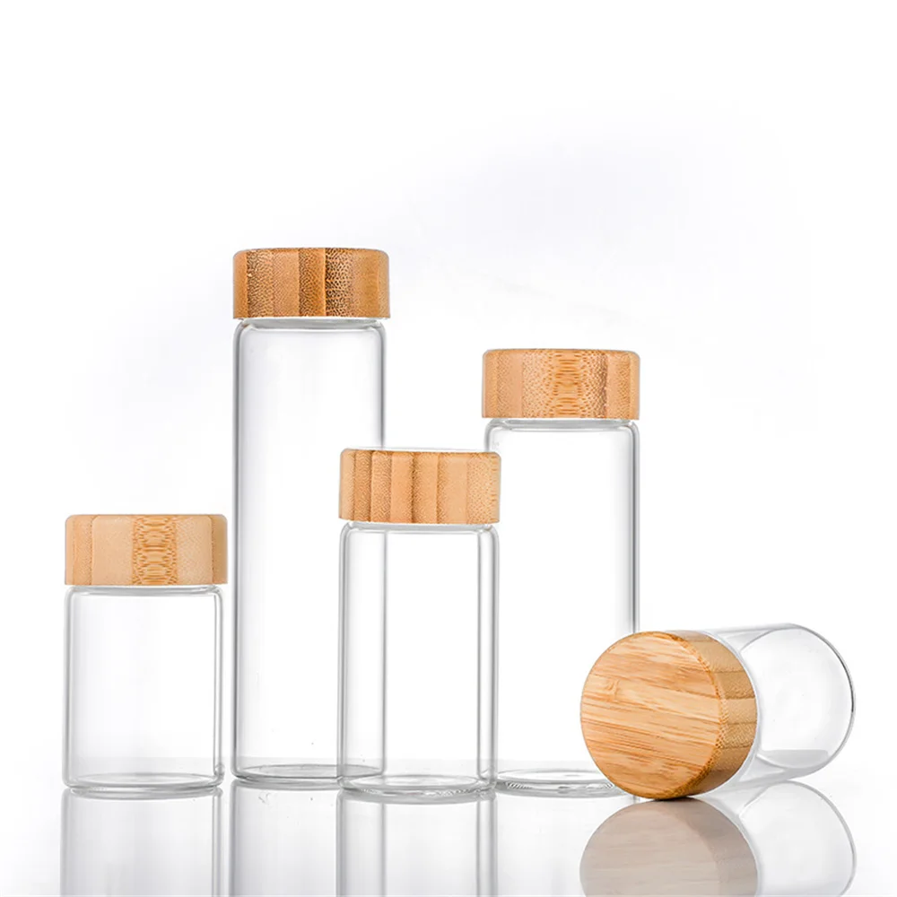 50ml-260ml Glass Bottle Sealed Jar with Bamboo Lid Spice Jars Transparent Split Bottles Storage Tank Snack Candy Storage Jar