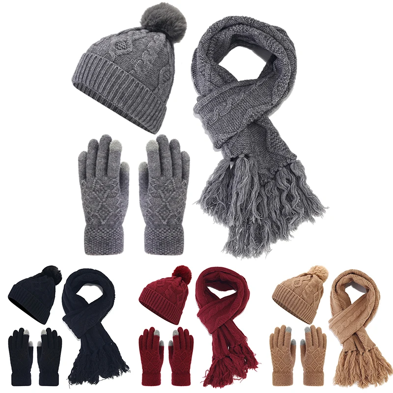 Winter Scarf Hat Glove Sets Warm Plush Liner Pompom Woolen Beanies Fashion Twist Tassel Long Scarves Touch Screen Knitted Gloves