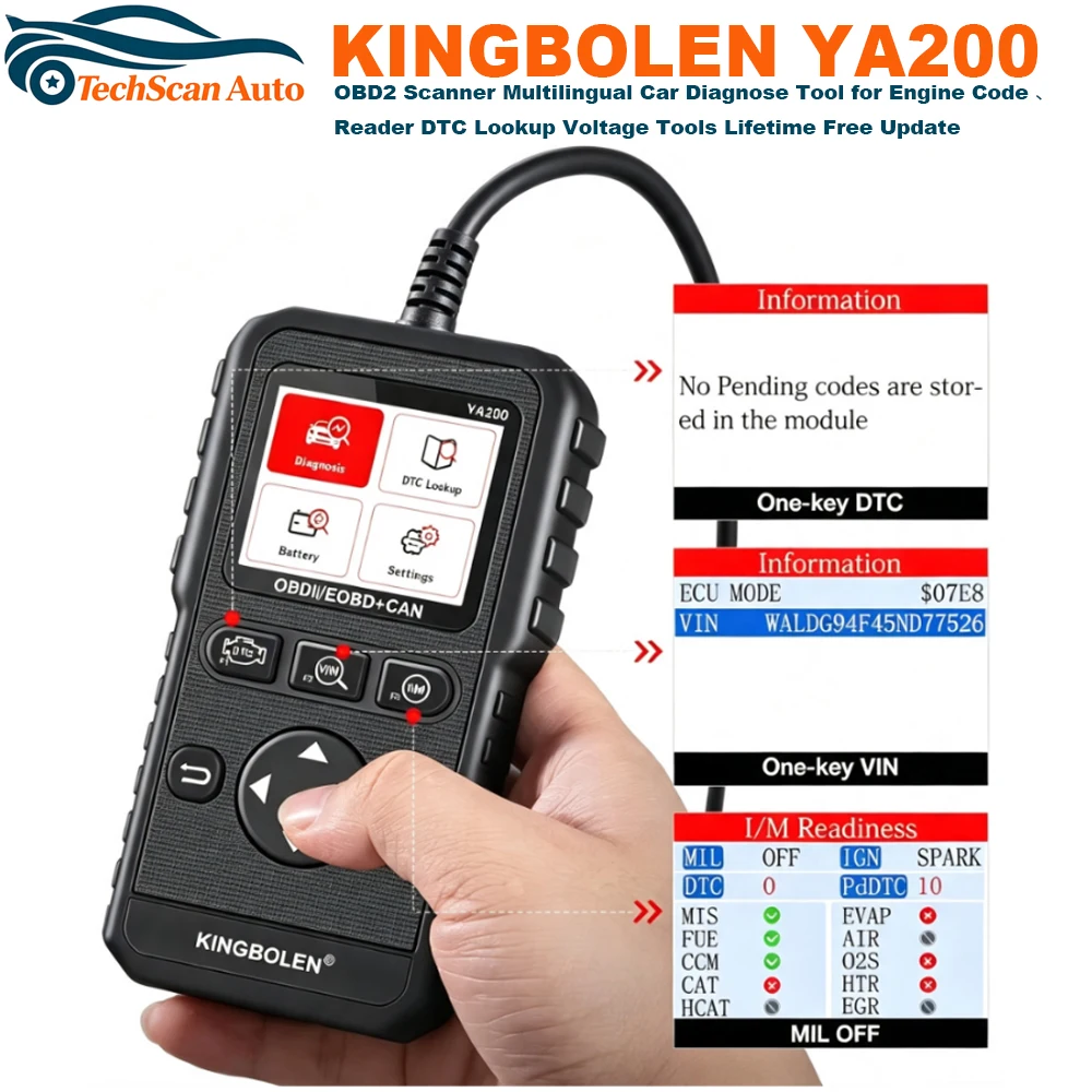 KINGBOLEN YA200 OBD2 Scanner Multilingual Car Diagnose Tool for Engine Code Reader DTC Lookup Voltage Tools Lifetime Free Update