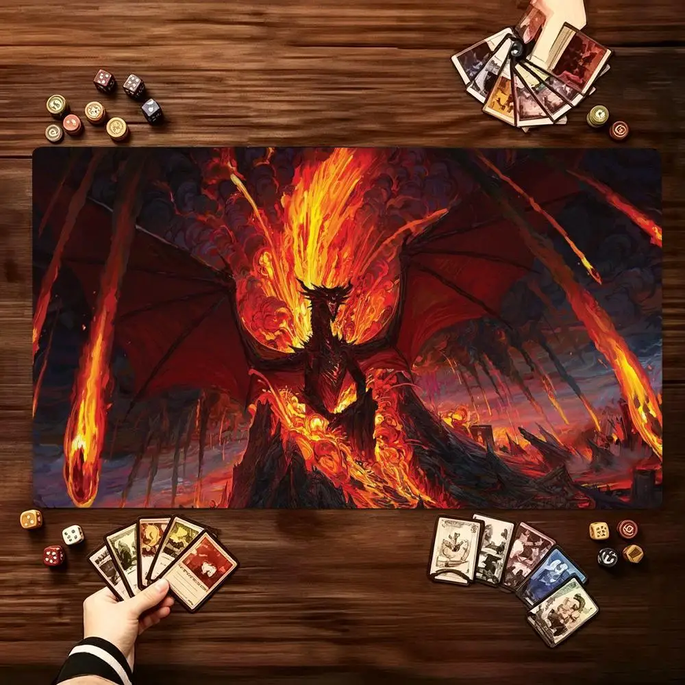 Large Gaming Play mat Fire Dragon Fantasy Art Pattern Smooth Non Slip Rubber Game Mat For Gaming And Daily Workspace