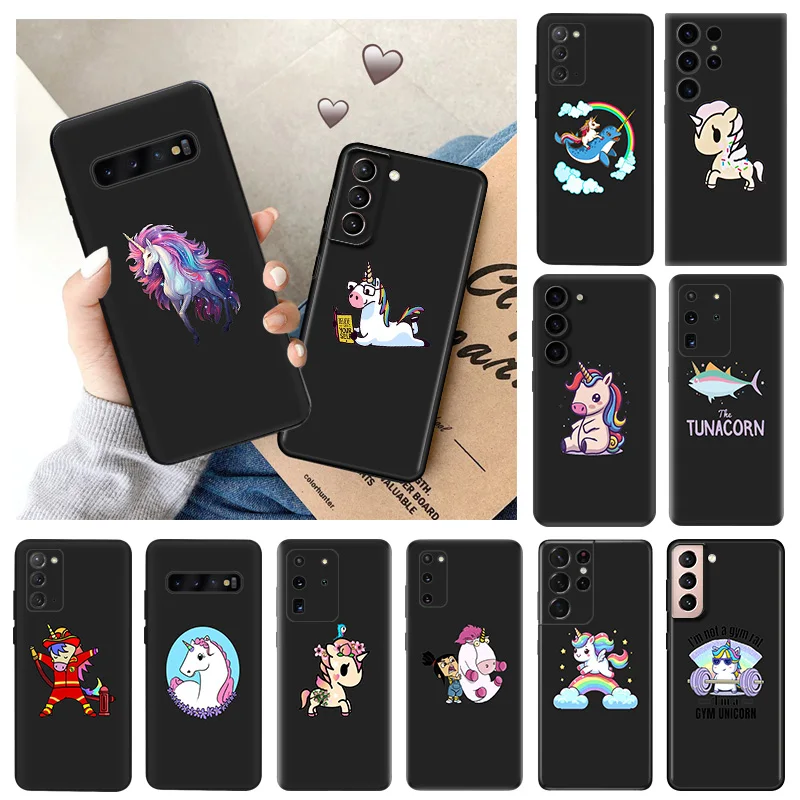 Soft Case for Samsung Galaxy S24 Plus S23 S22 S21 Ultra S20 fe S10 5G S10e Lite Cute Unicorn Cartoon Black Phone Cases Cover