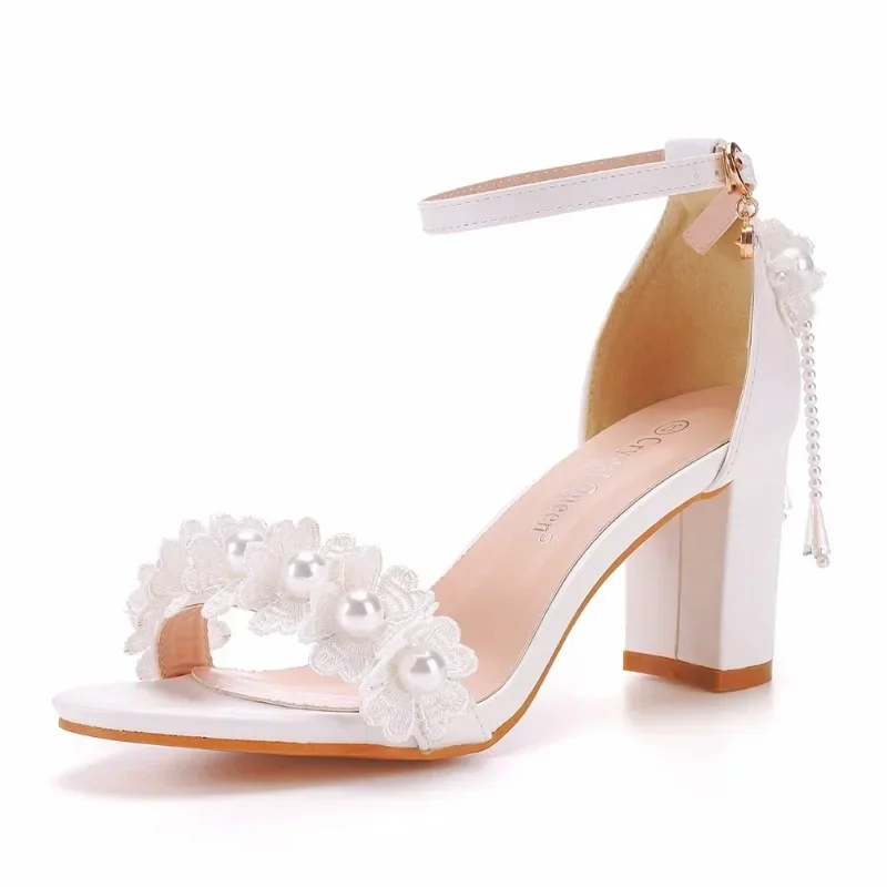 Women Pumps Sandals Wedding String Bead Buckle Strap PU 7CM Square Heel Classics Dress Women Dress Sandals Shoes White