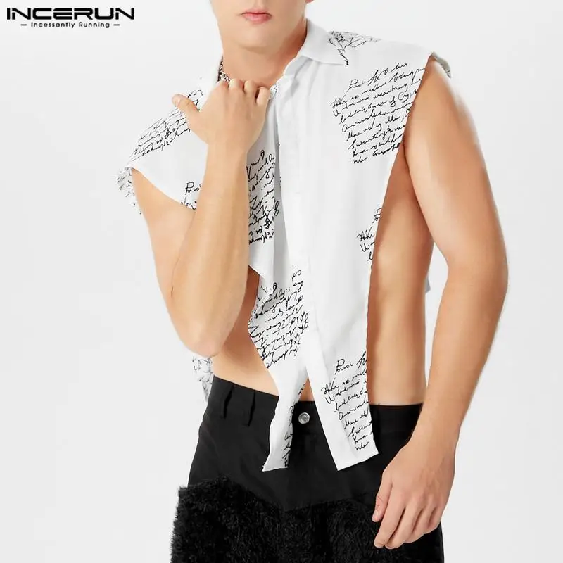 

Streetwear 2024 INCERUN Lapel Men Shirt Fashion Tops Sleeveless Summer Tee Printing Men Clothing Loose Casual Male Shirts S-5XL