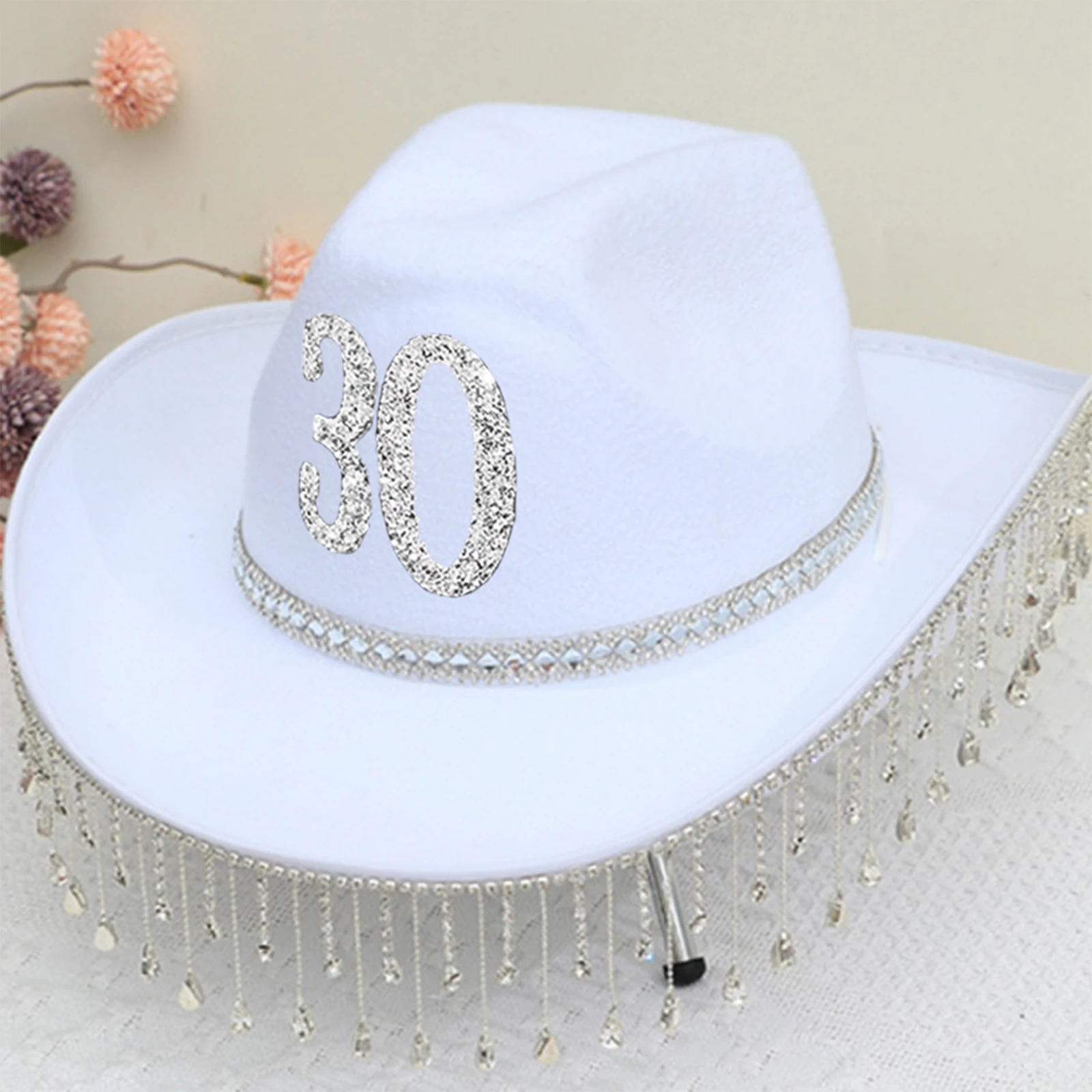 Women Tassel Western Hat Glitter Rhinestone Decor Cowboy Hat 30 Years Old Birthday Cowgirl Hat