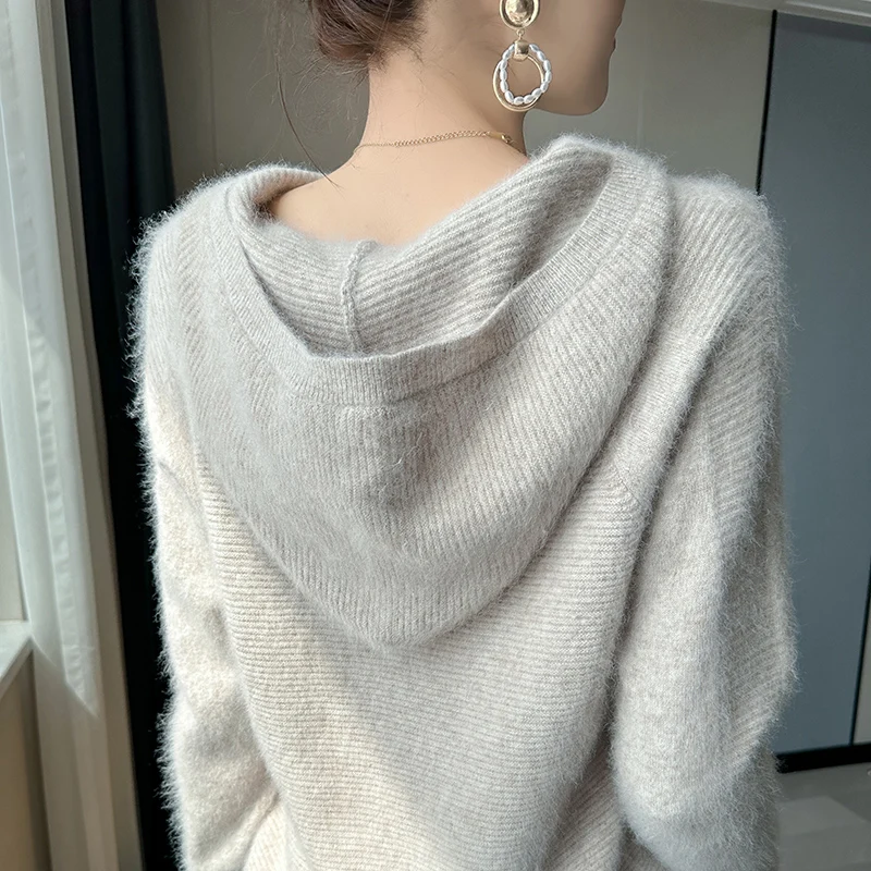 100% mink cashmere sweater women's hooded collar pullover casual loose Large size knitted hoodie autumn winter fashion Korean