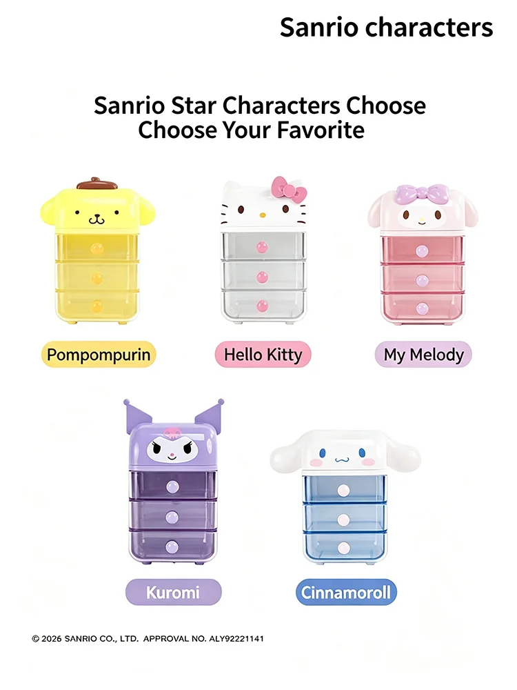 Genuine Mini Drawer Storage Cabinet Cute Hello Kitty Kuromi My Melody Transparent Dustproof Desktop Organizer