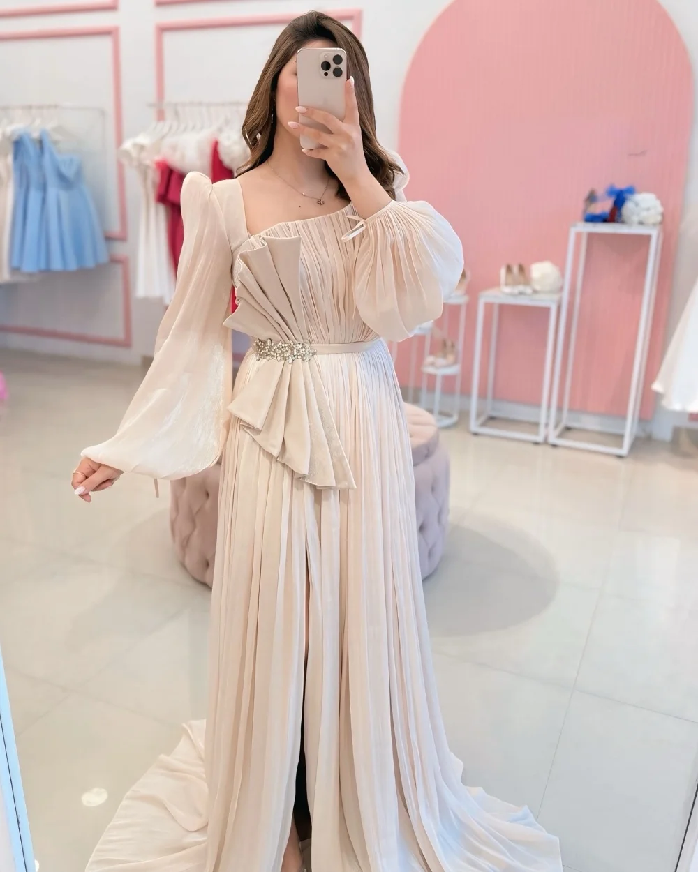 

Customized Chinese Style Intricate Organza Ruched Rhinestone Beading Straight Square Neck Long Dresses Bespoke Occasion Dresses