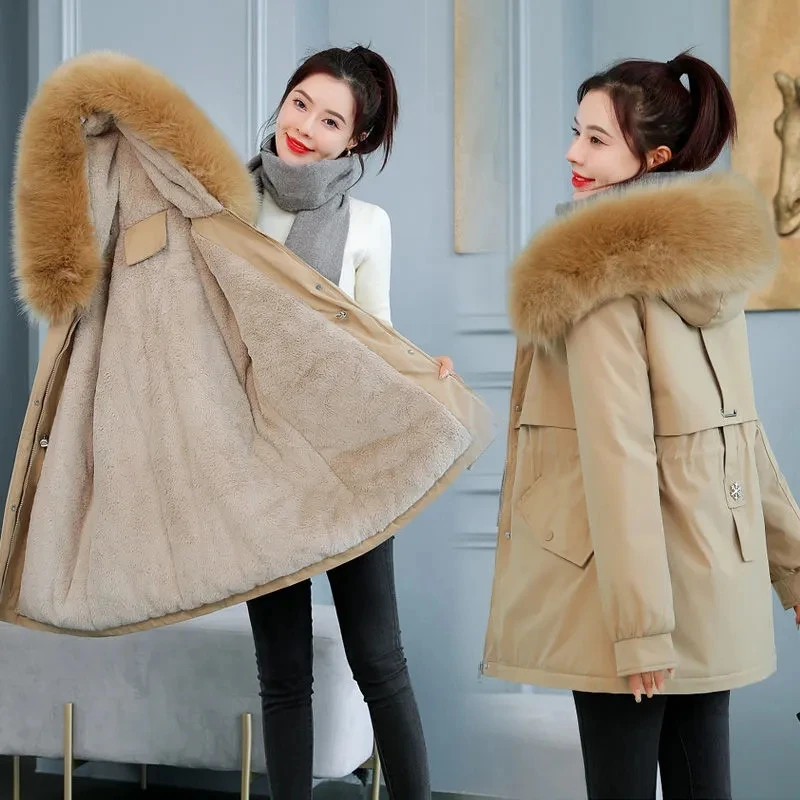 Parkas con capucha de felpa para mujer, abrigos acolchados gruesos de gran tamaño con cuello de piel sintética, chaquetas casuales cálidas a prueba de viento, Invierno