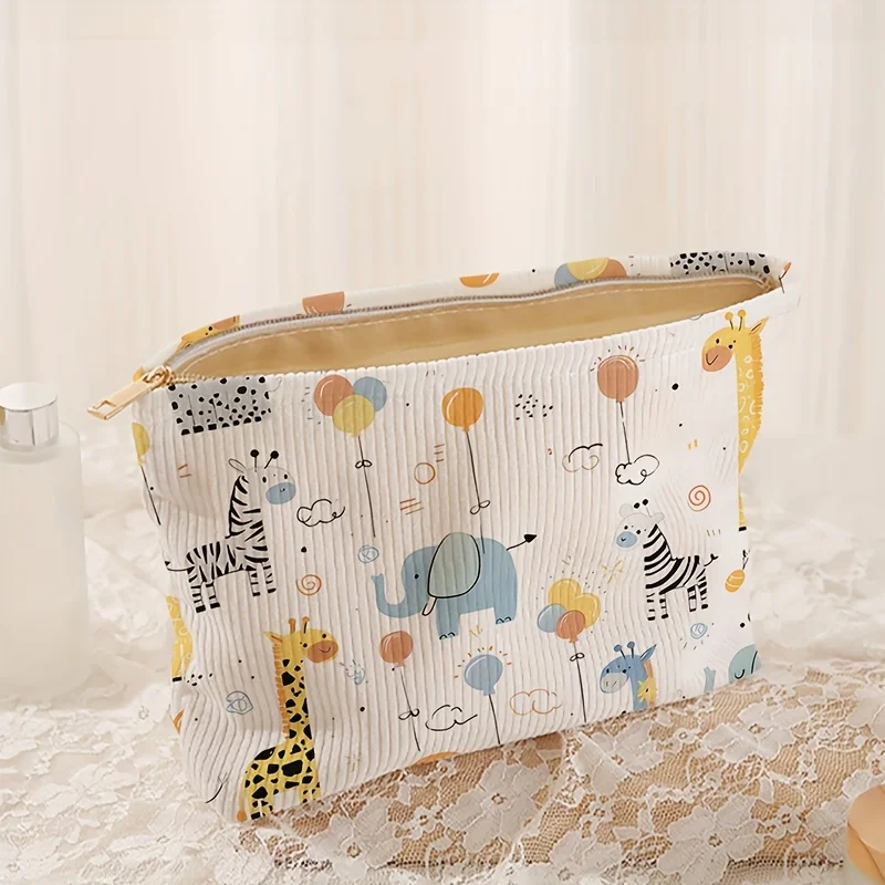 Elephant Giraffe Balloon Pattern Printed Corduroy Makeup Bag Lightweight Zipper Lined Bag Storage Suitable Toiletries Additions