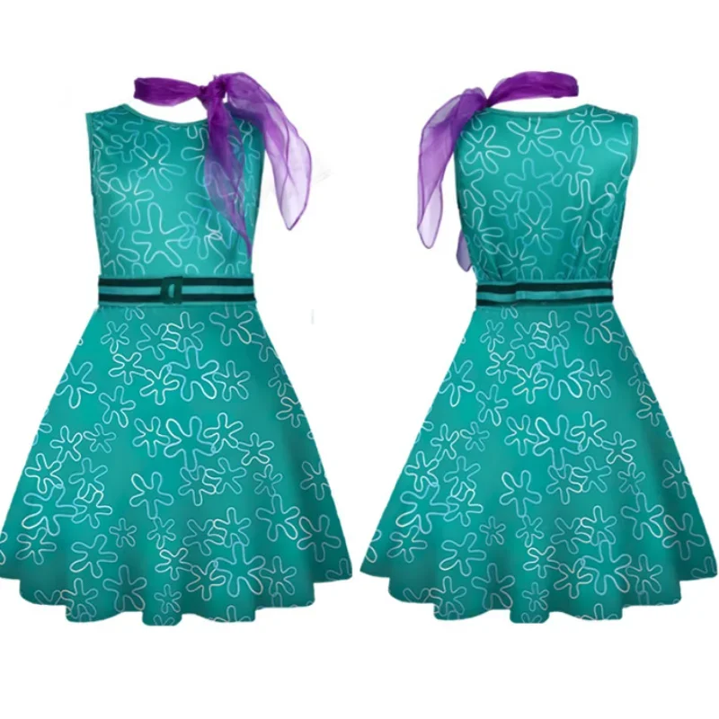 SN55Movie INSIDE OUT  Cosplay Costume Girl Wig + Scarf + Green Princess Dress 3 PCS Suit for Kids Perfect Birthday$@1w