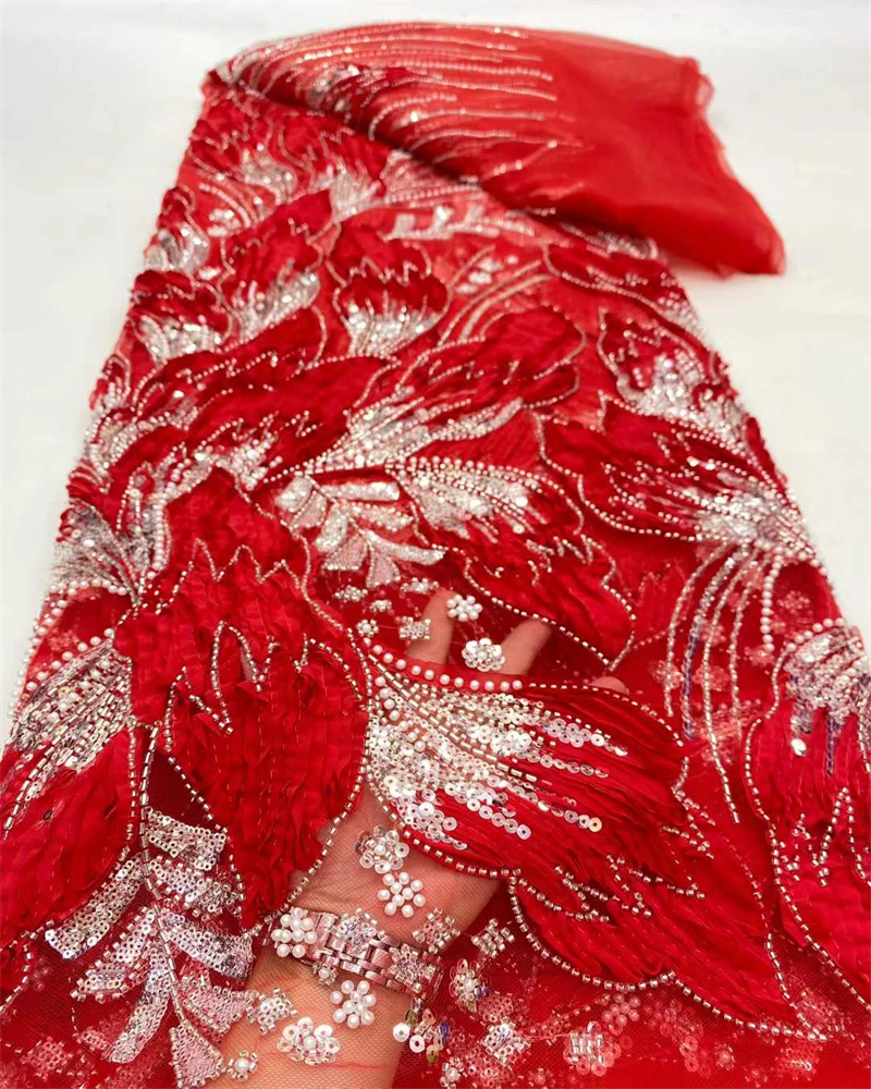 Tessuto di pizzo africano nigeriano di alta qualità con paillettes ricamate in tulle 5 metri con perline e pietra per abiti da ballo da cucire