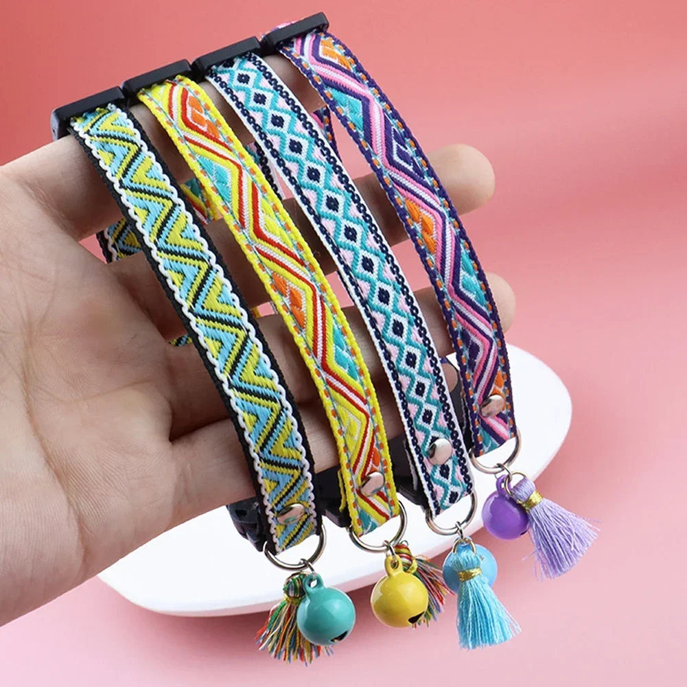 Cat Collar Adjustable Polyester Jacquard Pattern Pet Collar with Bell and Tassel Decoration for Cats and Small Dogs To Keep Lost