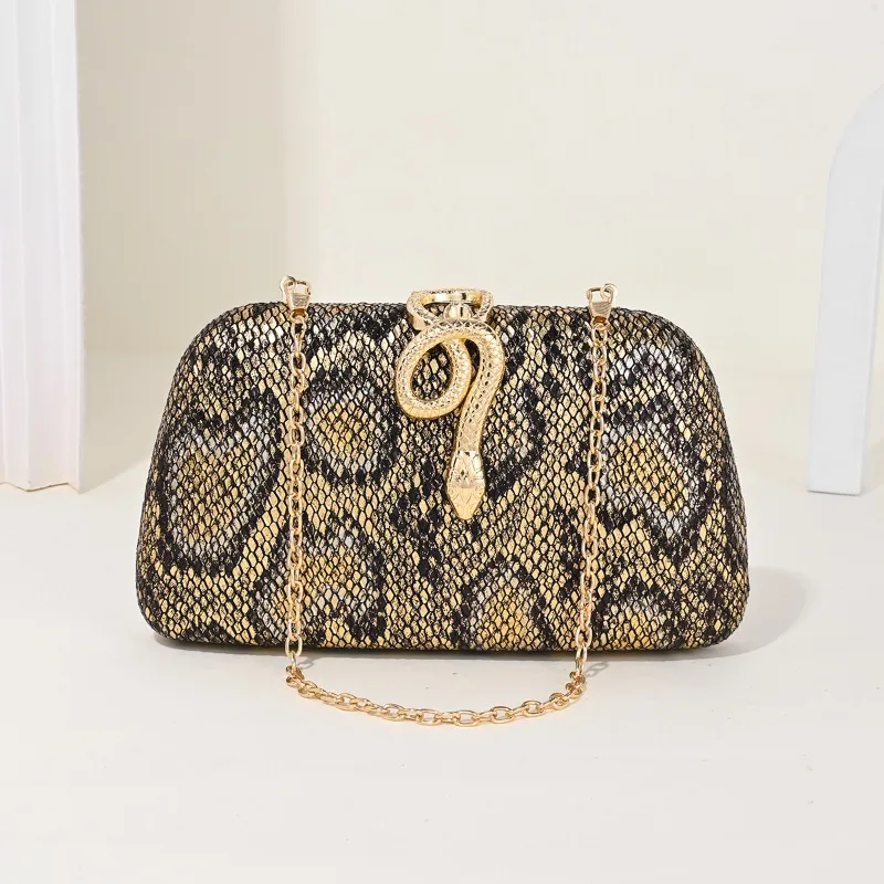 Vintage Women's Clutch Bag Formal Party Serpentine Evening Bag Wild Snake Buckle PU Leather Banquet Handbag with Chain Strap