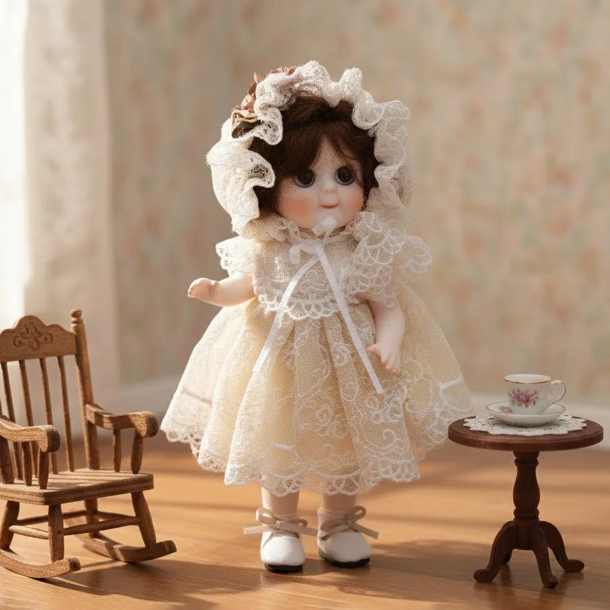 

Cloveray 8 inch Vintage Porcelain Doll Full Body Porcelain Victorian Style Ceramic Doll Squint Smile Puppet Handmade Art Gift