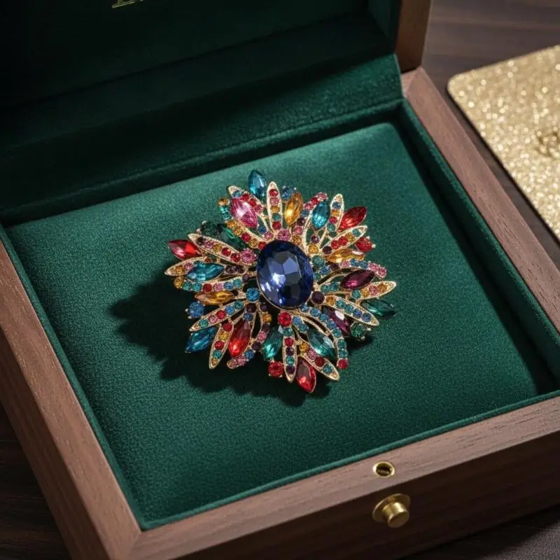 Elegant Rhinestone Flower Brooch Shiny Multicolor Crystals Gold Plated Frame for Wedding Bridal Bouquet Decor