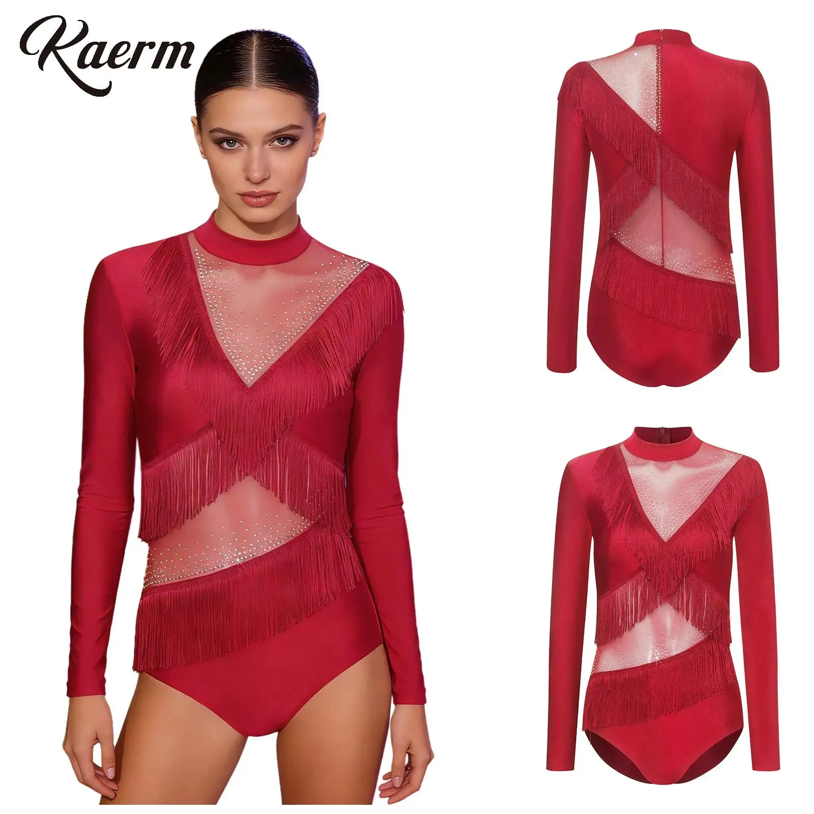 

Women Dance Jumpsuit Rhinestones Gymnastics Ballet Leotard Sheer Mesh Fringed Bodysuit Latin Tango Cha-Cha Performance Costume