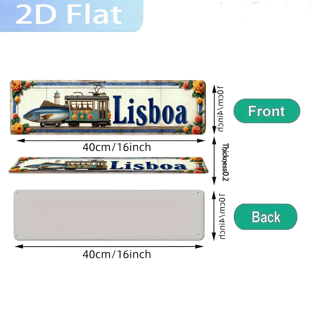 2D Flat - Aluminum Sign Measuring  Featuring a Rustic Design of a Fish-Shaped Tram with The Word 'Lisboa'. This Artwork