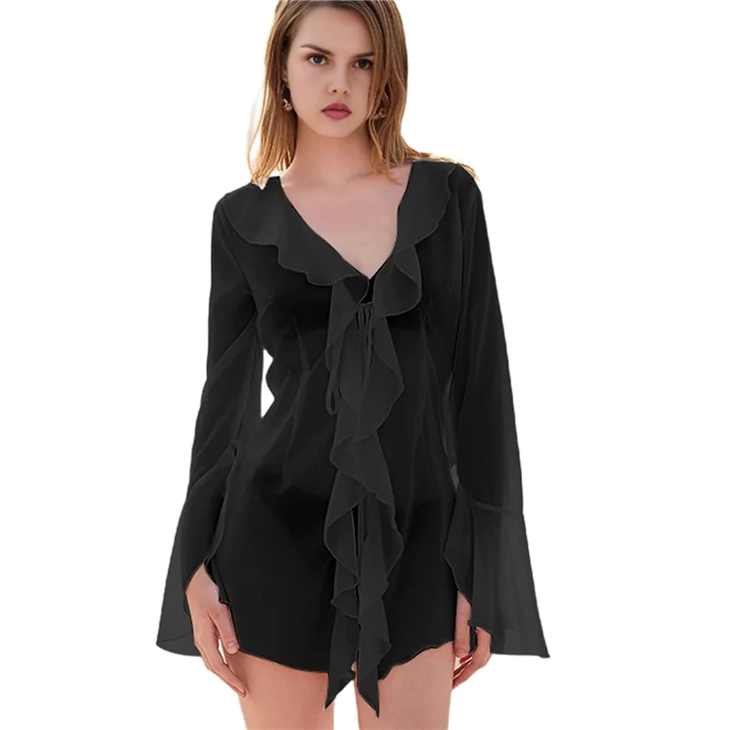 ABRT – Blusa feminina transparente com babados, manga comprida, blusa de malha transparente, camisas túnicas de chiffon fluidas de grandes dimensões