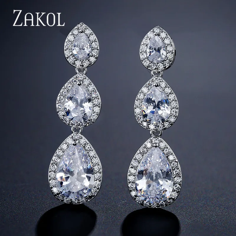 ZAKOL Fashion Water Drop CZ Zirconia Long Dangle Earrings for Women Bridal Wedding Party Crystal Jewelry EP2208