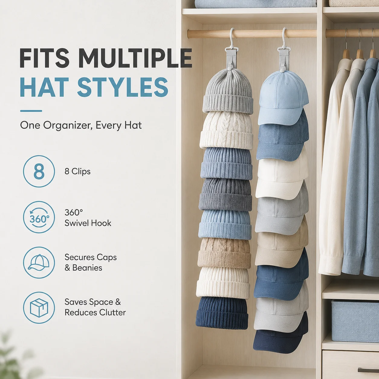 Baseball Cap Holder 1/2/3PCS Hanging Rope with Clips Wall Rack for Closet Door Bedroom Dorm Hat Scarf Tie Storage Organizer  Cap