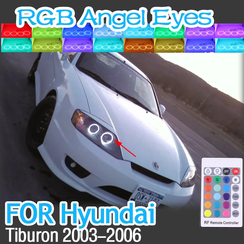 RGB multi-color RF Remote Control  Rings DRL LED Angel Eyes Kit For Hyundai Tiburon 2003-2006 car Headlight Accessories