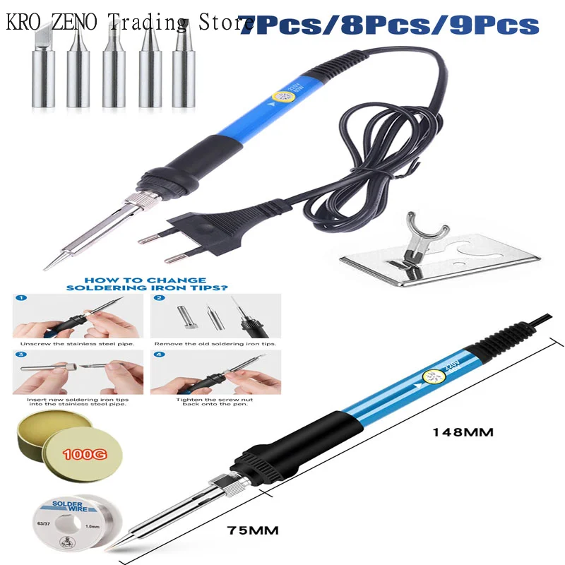 🔝1/3/5/7/8/9Pcs Adjustable Temperature Electric Soldering Iron 220V 60W Welding Solder Rework Station Heat Pencil Tips Repair✨