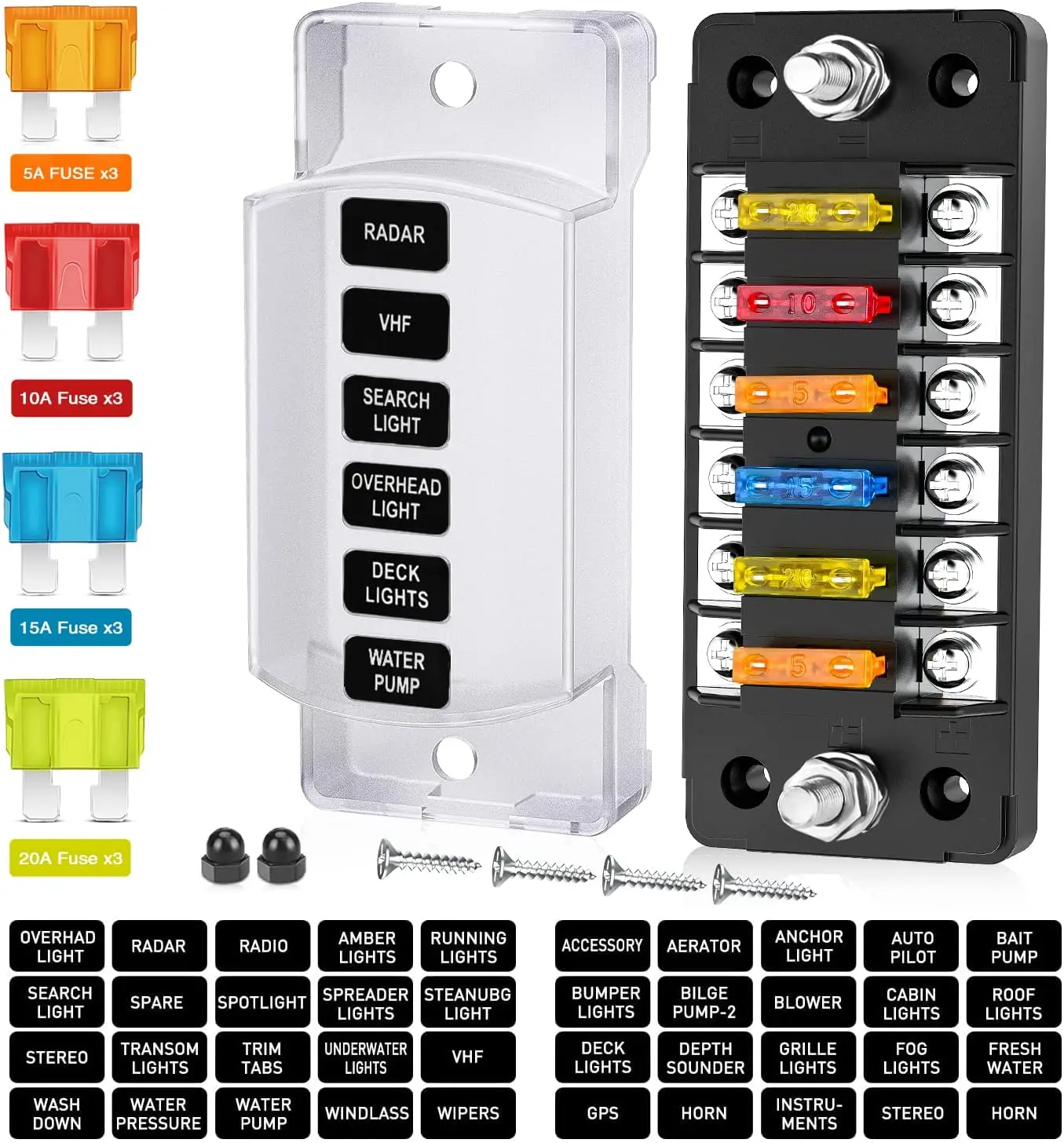 DaierTek 6 Way Fuse Block Blade Fuse Box with Negative Bus 6 Circuit Fuse Holder Fuse Block w/Negative Bus For 12V 24V Auto