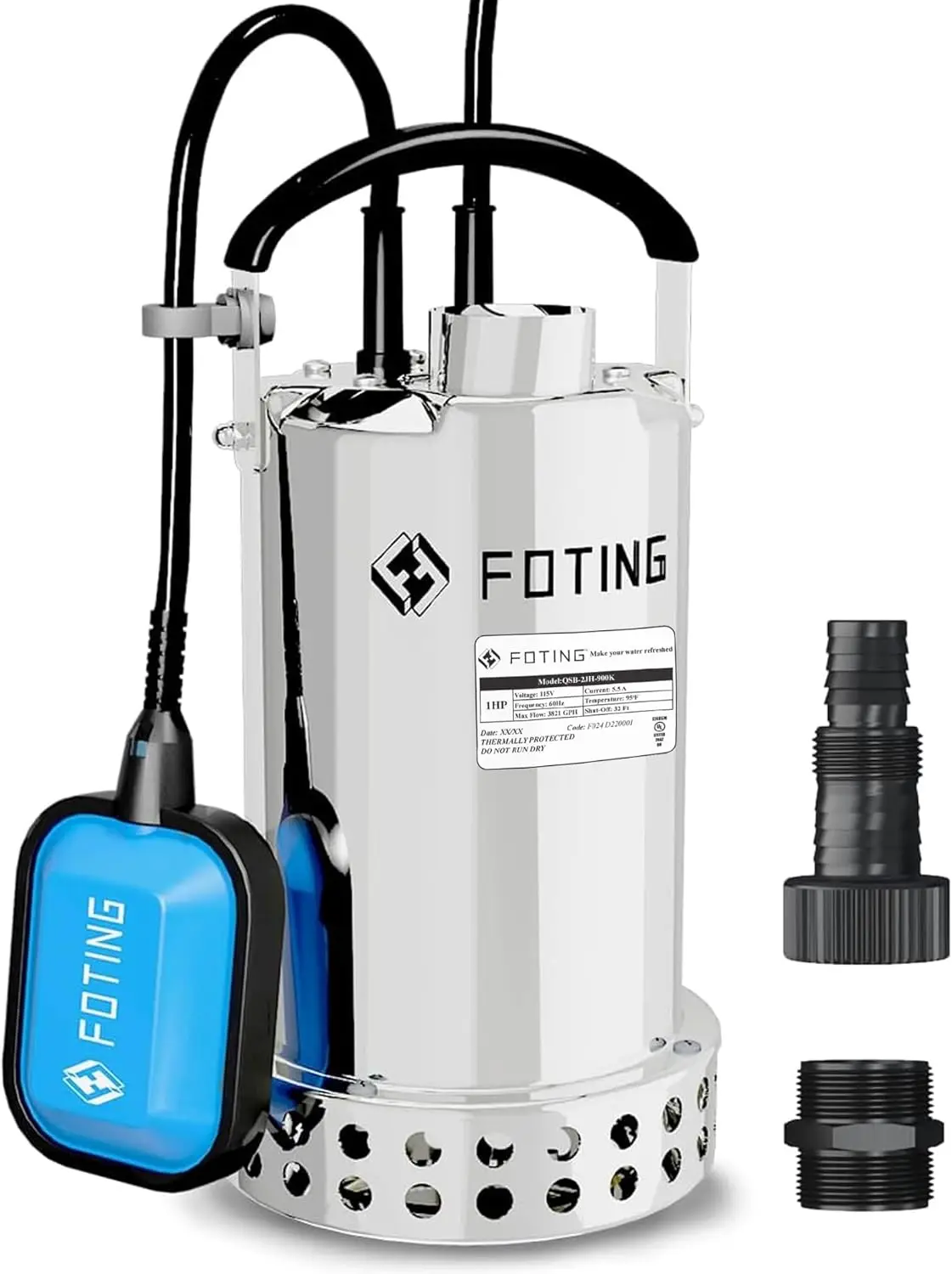 Full 304 Stainless Steel Sump Pump with Float Switch - 1HP, 4000GPH Automatic Submersible Water Pump for Fast Water Removal in