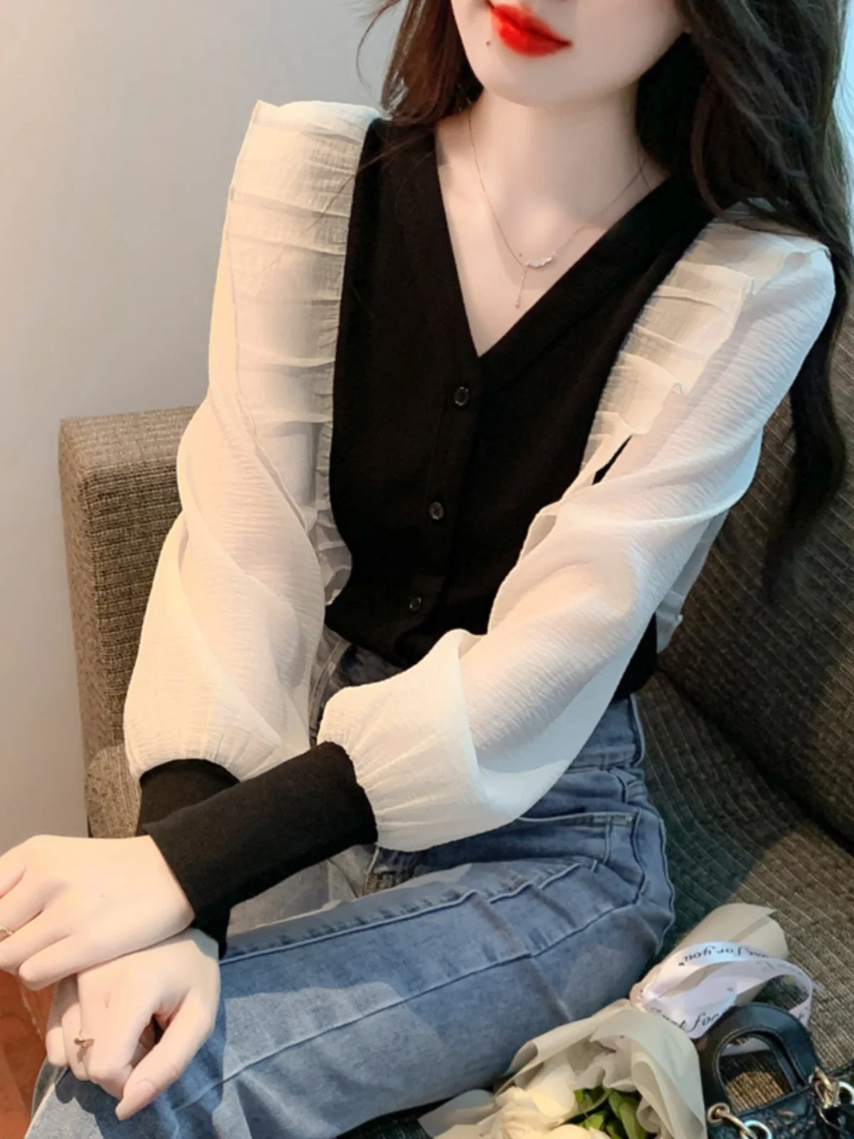 

Spring and Autumn Sweater Women's Pullover Ruffled Women's Pullover Knitted Top Women's Long Sleeve Puff Sleeve Sweater R327