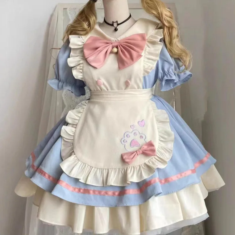 Bow Kawaii Lolita Maid Dress With Apron Paw Print Japanese Style Soft Girl Cosplay Outfit Short Sleeve Sweet Anime Costume New