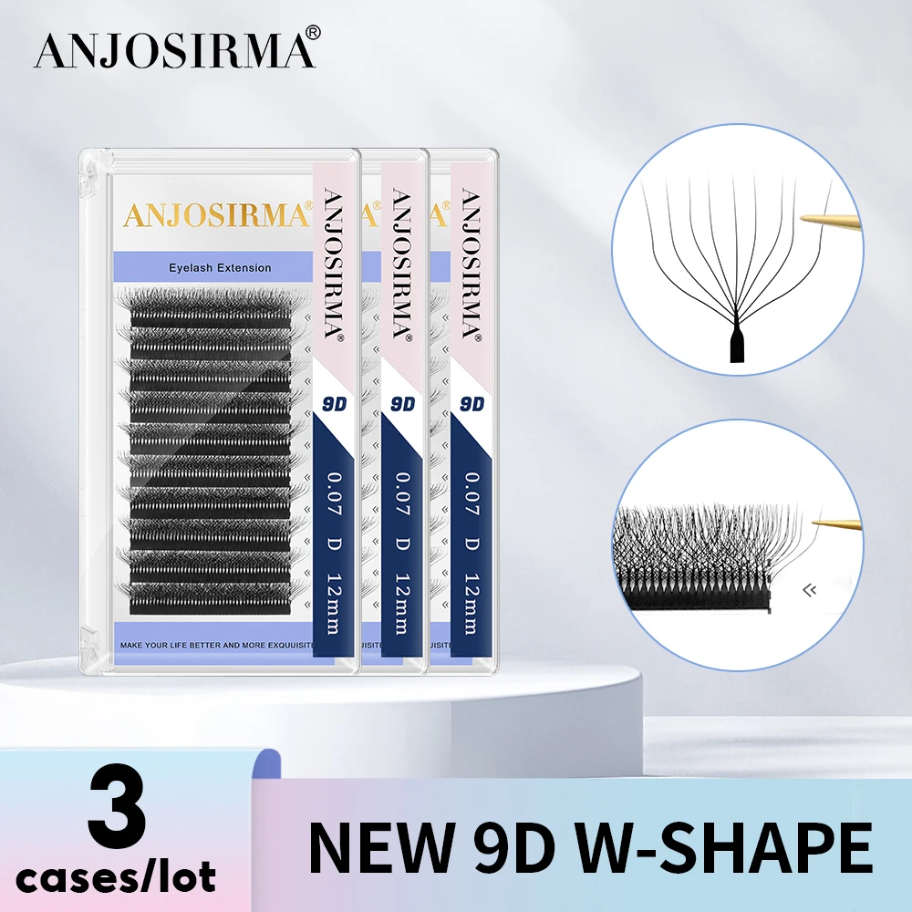 ANJOSIRMA 3 Cases/Lot 9D W Shape Full Dense Eyelash Extensions Premade Fan Natural Soft False Eyelashes Big Bundle Lashes