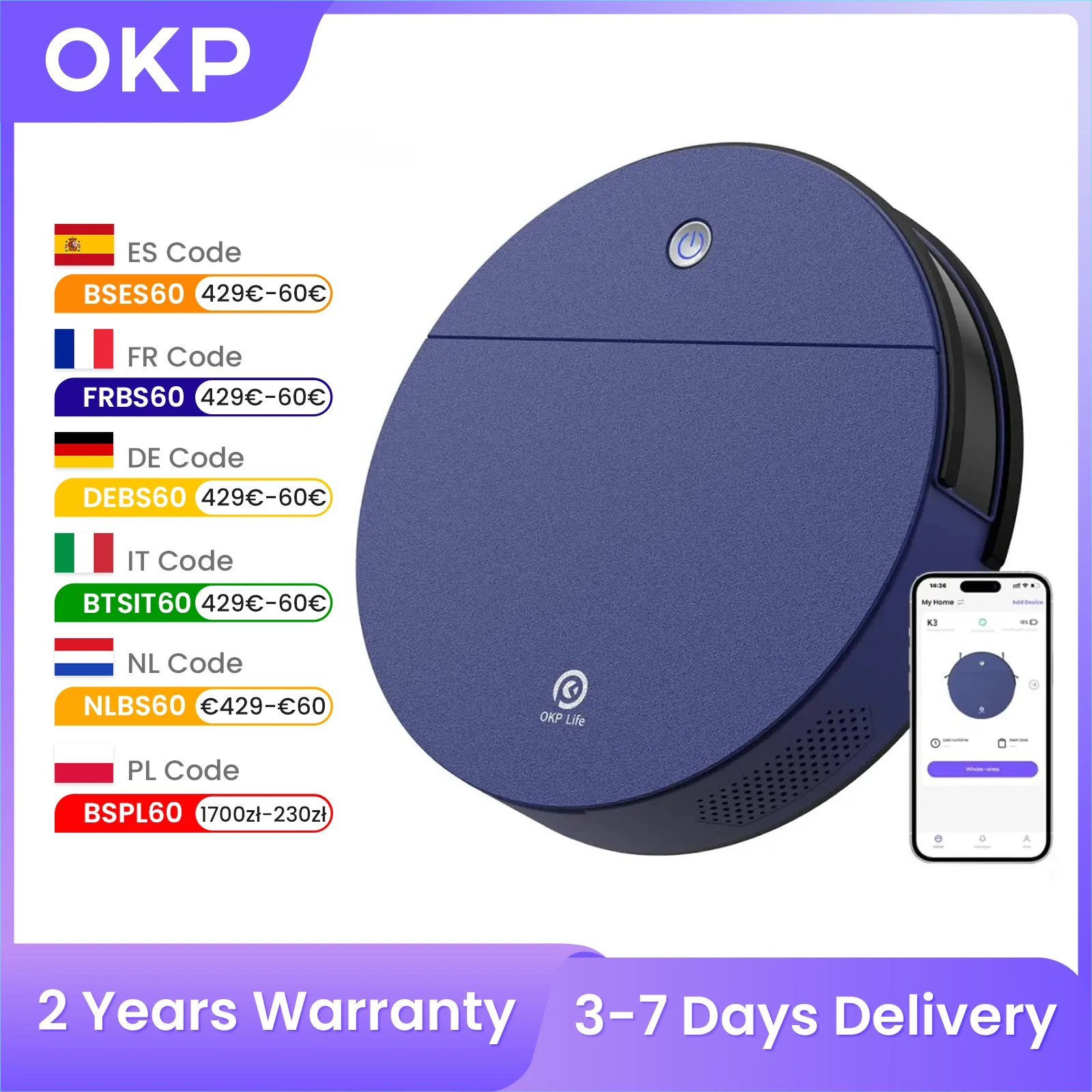 OKP K3 Roboter-Staubsauger 2000 Pa, starke Saugkraft, 120 Min. Autonomie, 5 Reinigungsmodi, Haushaltsgeräte für Hartböden und Teppiche