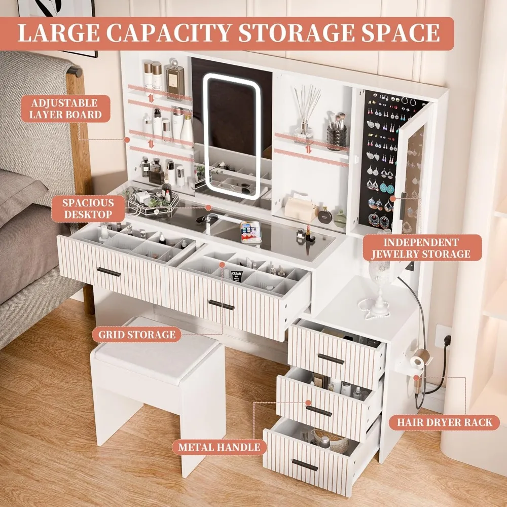 مكتب زينة مكياج مضيء مع أدراج ومرآة وحامل مجفف شعر