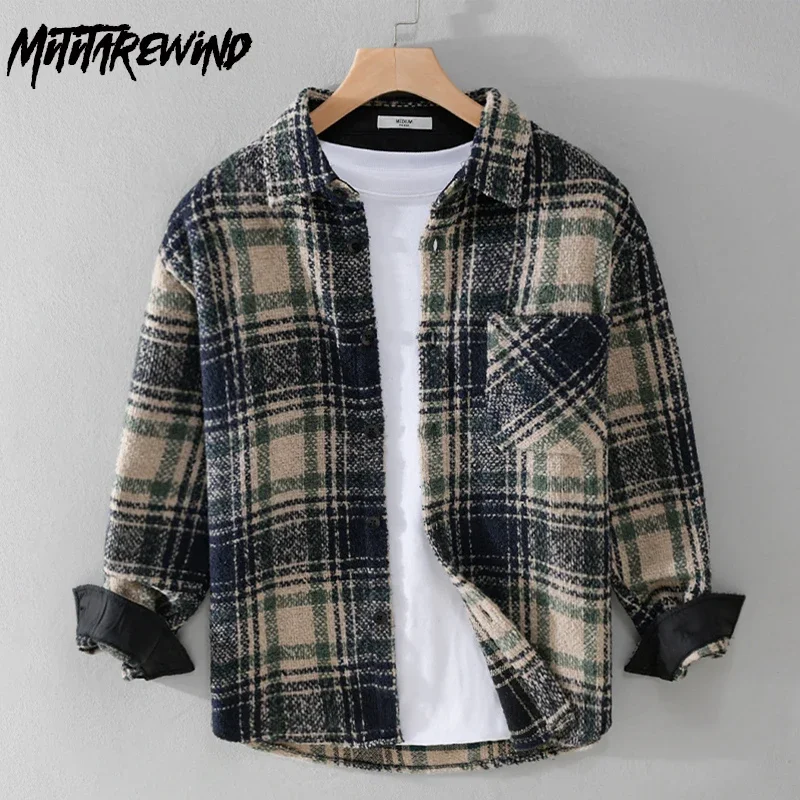 Camisa a cuadros de manga larga para hombres, camisas sueltas informales de diario, camisa cepillada con solapa con bolsillo, moda juvenil, Otoño e Invierno