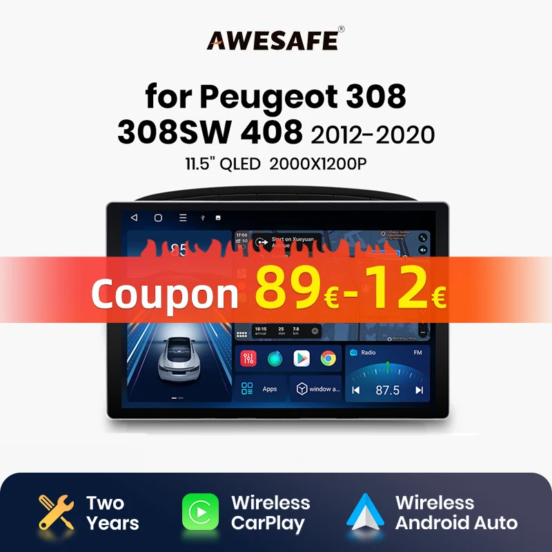 AWESAFE X7 PRO 11.5“ 2K Wireless CarPlay Android Auto Car Radio for Peugeot 308 308SW 408 2012 2013-2020 Multimedia autoradio