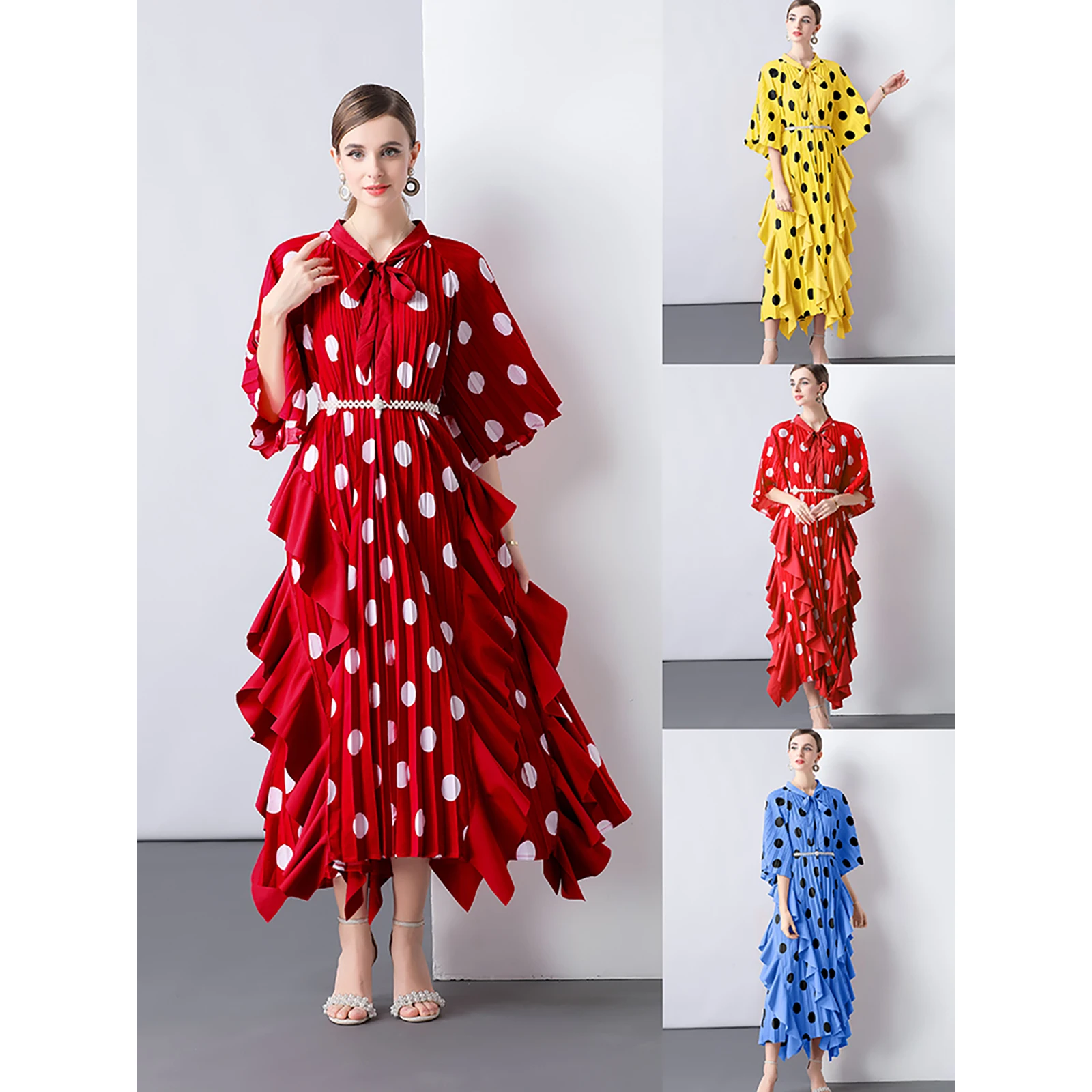 

Miyake Seaside Vacation Dress Summer Pleated Simple Ruffle Edge Polka Dot Long Dress Loose Thin Cross-border Europe and America