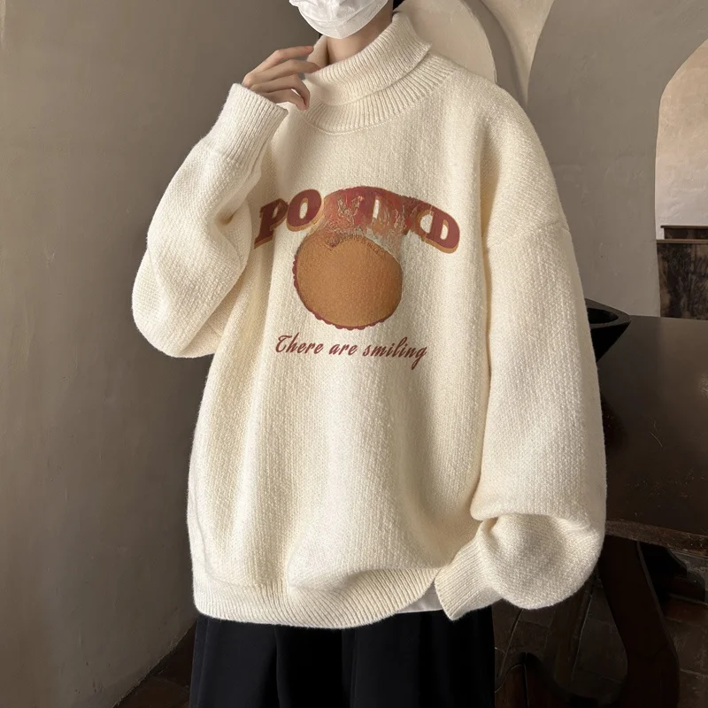 

Мужской вязаный свитер с высоким воротником, утепленный флисом, свободный крой, повседневный, зимний, модный, в гонконгском стиле, с длинными рукавами