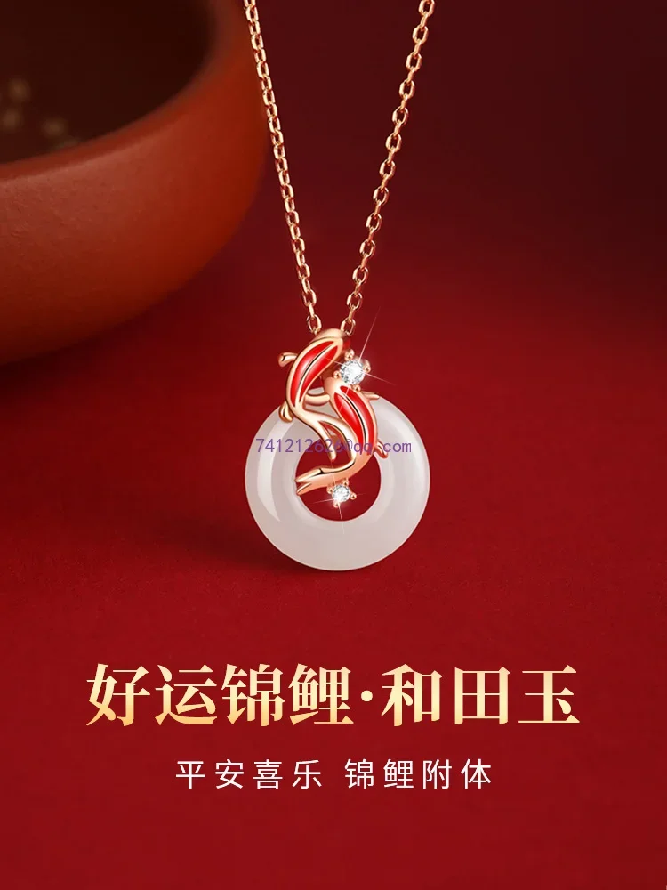 Koi Ping An Buckle Sterling Silver Necklace Women's 2024 New Hetian Jade Pendant Birthday Qixi Festival Gift for Girlfriend S