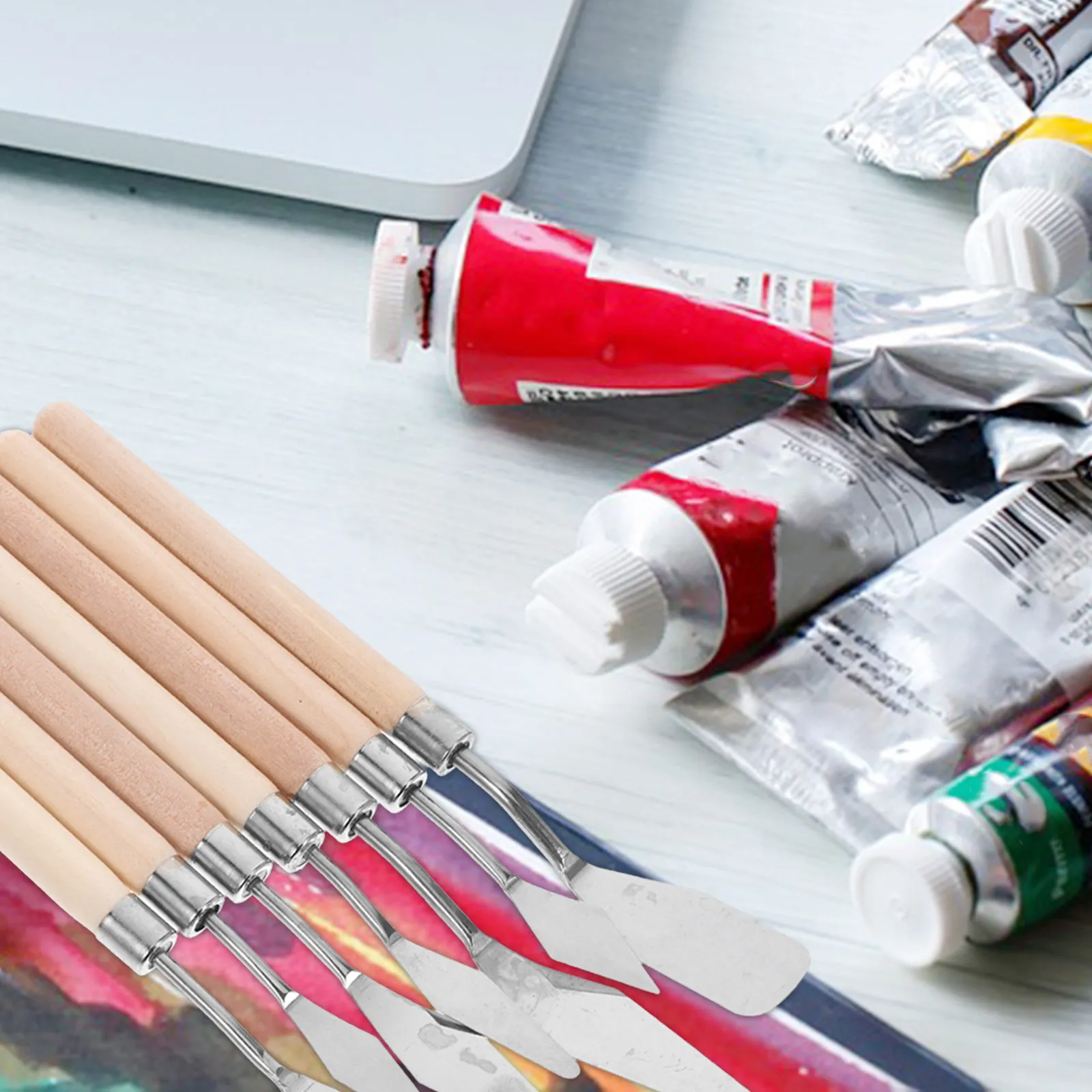7Pcs Professional Stainless Steel Palette Knife Set Oil Painting Watercolor Mixing Scraping Artist Spatula Tool Kit Wooden