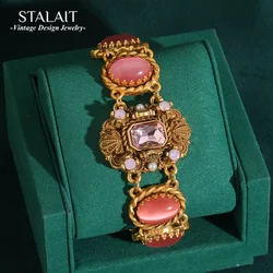Antique Jewelry Oval Princess Pink Opal Love Charm Bracelet for Women Cat Eye Palace Vintage Square Crystal Bangle New Arrival