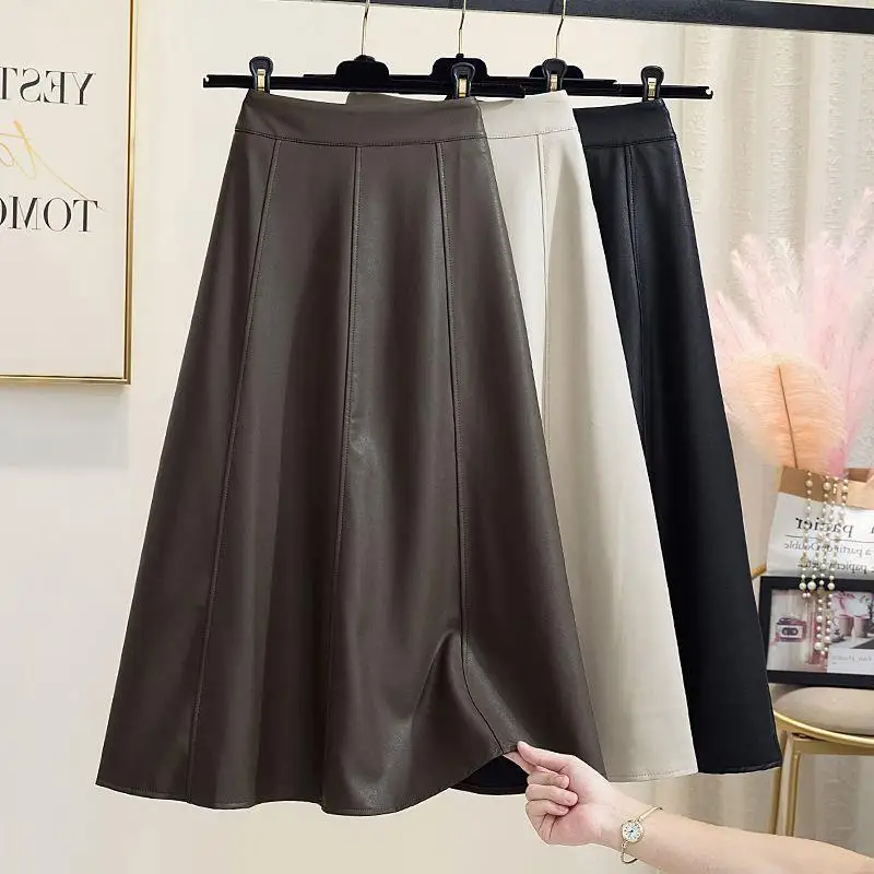 

High Waist Elegant Office Lady Pu Faux Leather A-Line Skirt Vintage Slim Fit Women Autumn Winter Hip Long Midi Y2K Skirts Female