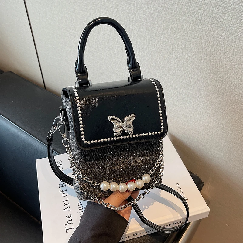 

2025 New Women's Square Crossbody Bags Light Luxury Fashion Diamonds Chains Shoulder Bag Chic butterfly Design Ladies Handbags
