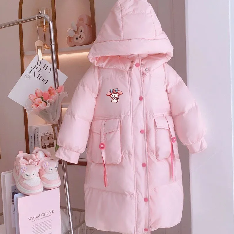 Girls Down Jacket Kawaii Hello Kittys Long Ultra Thick Parkas Kids Cotton Padded Jacket Warm Coat Winter Clothes Padded Snowsuit