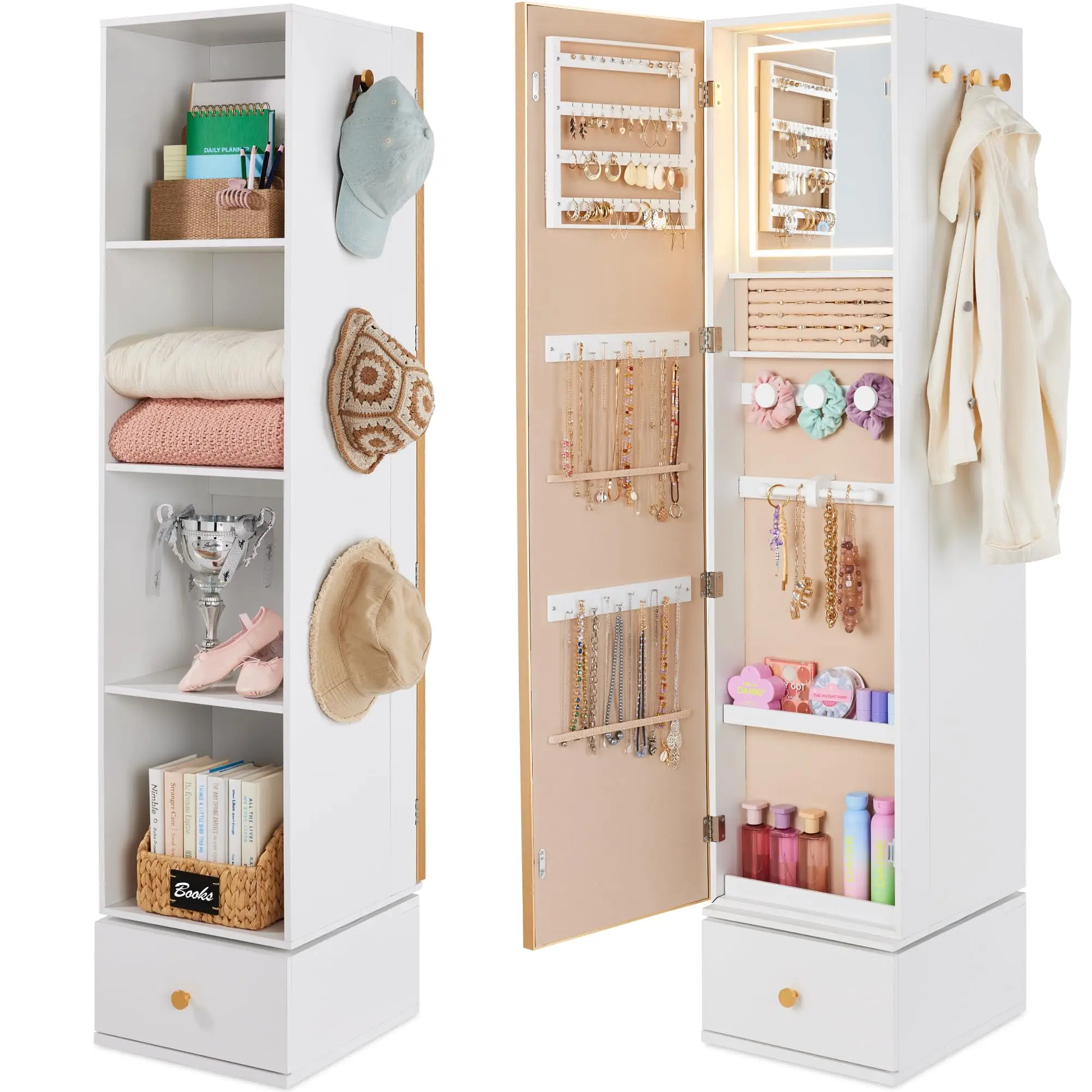 Rotating Mirror w/Storage Cabinet, 360 Swivel Jewelry Armoire w/Full-Length Mirror, Gold Metal Frame Tower w/Cube